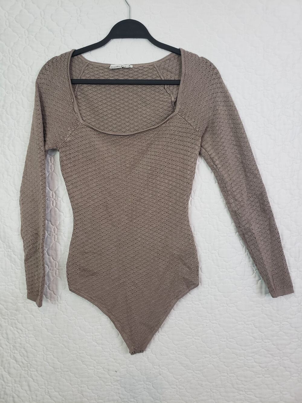 Abercrombie & Fitch Womens Size M Ribbed Square Neck Long Sleeve Bodysuit Beige